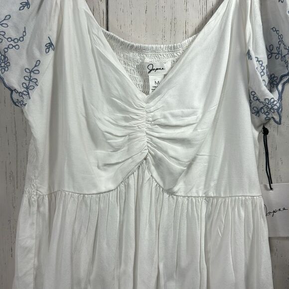 Japna Embroidered White Pleated Boho Short Sleeves Summer Beachy Blouse - Picture 8 of 12